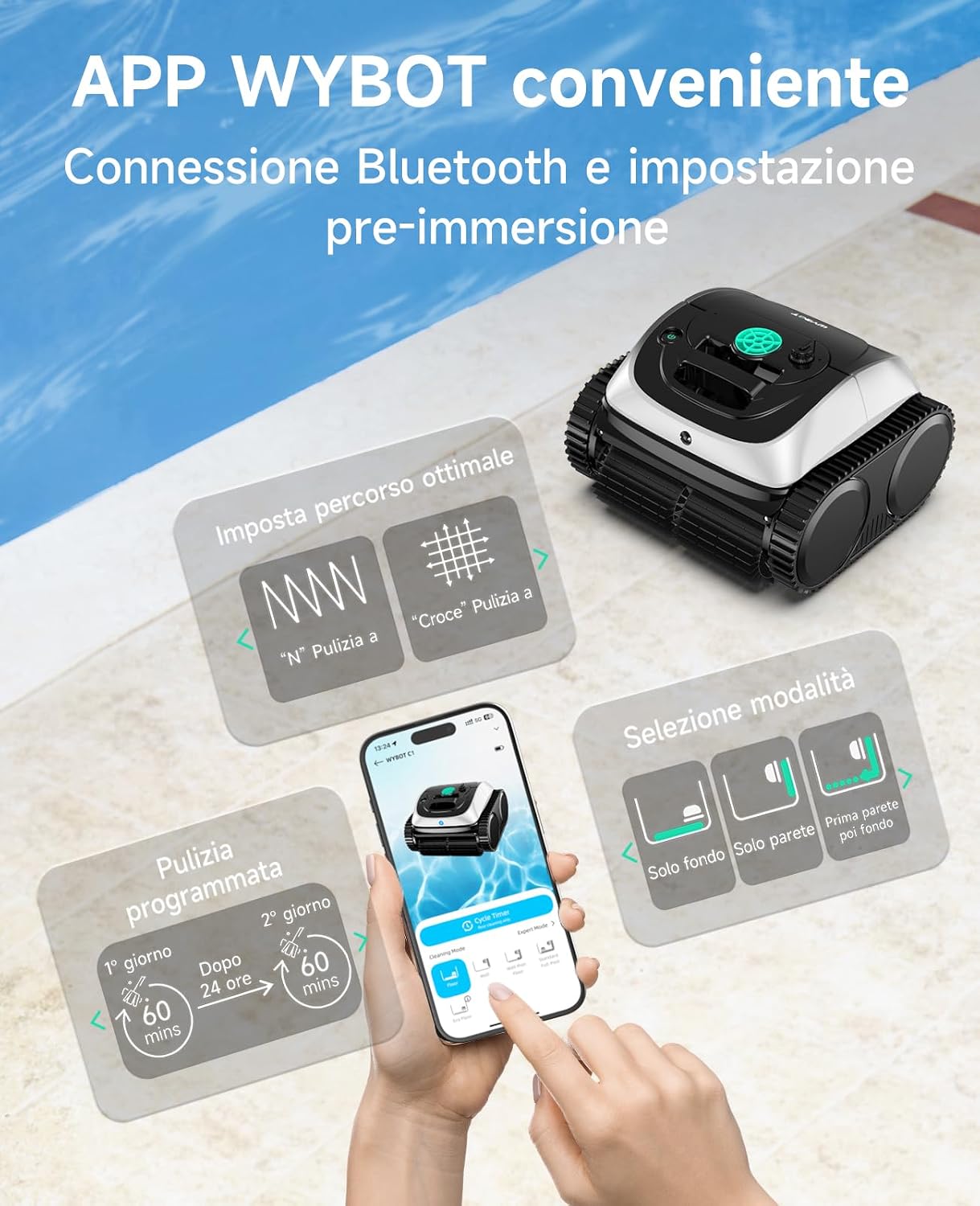WYBOT C1 - Robot Piscina Senza Fili con Pianificazione Intelligente del Percorso