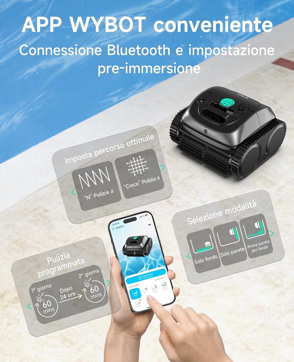 WYBOT C1 – Robot Pulitore Piscina Senza Fili con Percorso Intelligente