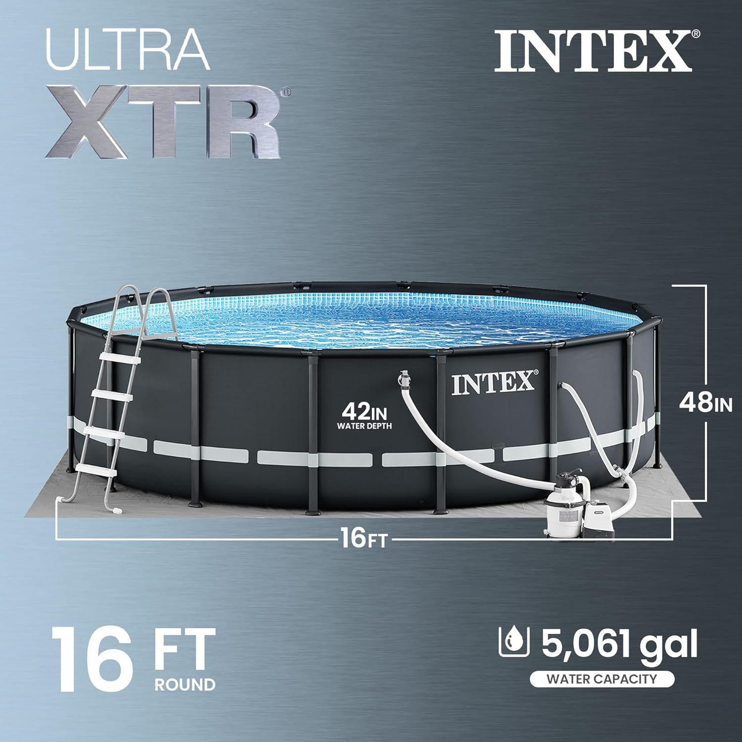 Ultra XTR 26325EH – Piscine hors-sol ronde 488 × 122 cm avec pompe de filtration à sable et 22,7 kg de sable filtrant premium OptiFlow.