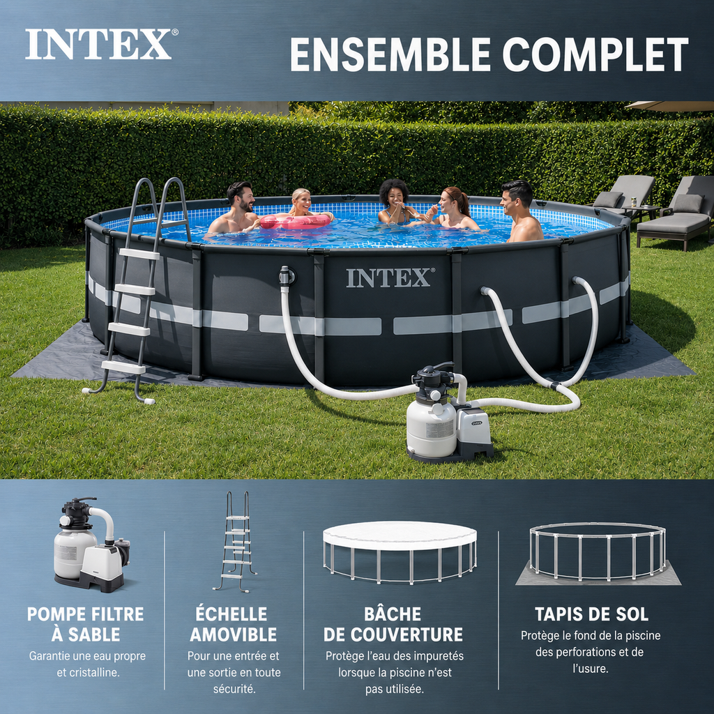 Ultra XTR 26325EH – Piscine hors-sol ronde 488 × 122 cm avec pompe de filtration à sable et 22,7 kg de sable filtrant premium OptiFlow.