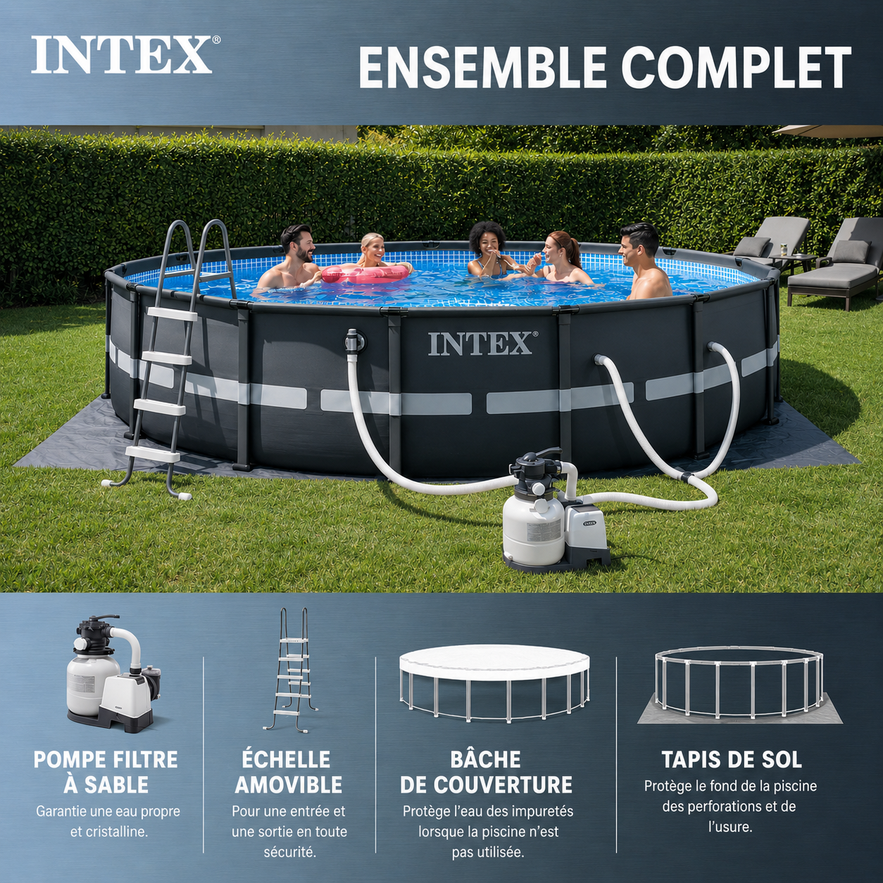 Ultra XTR 26325EH – Piscine hors-sol ronde 488 × 122 cm avec pompe de filtration à sable et 22,7 kg de sable filtrant premium OptiFlow.