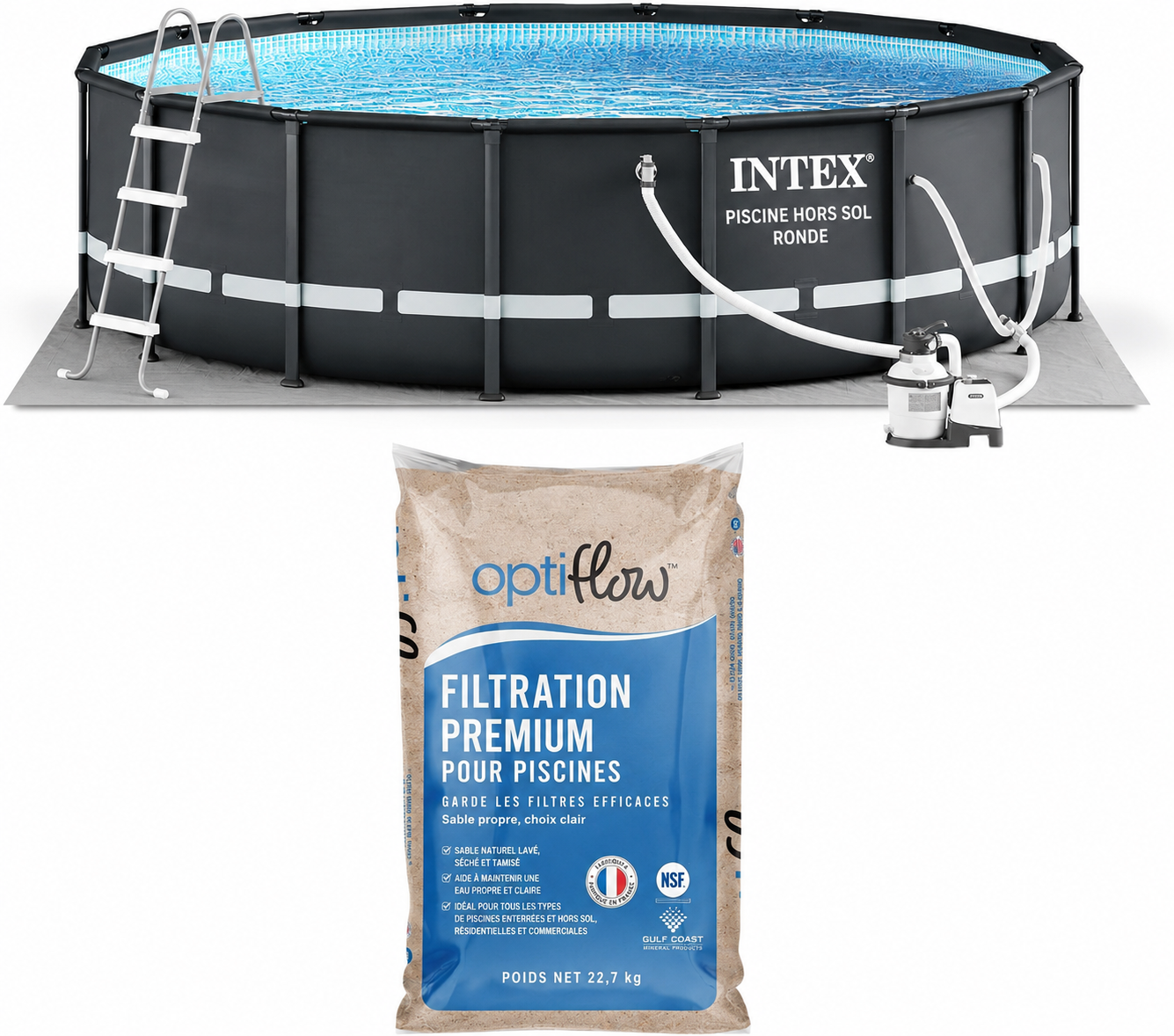 Ultra XTR 26325EH – Piscine hors-sol ronde 488 × 122 cm avec pompe de filtration à sable et 22,7 kg de sable filtrant premium OptiFlow.