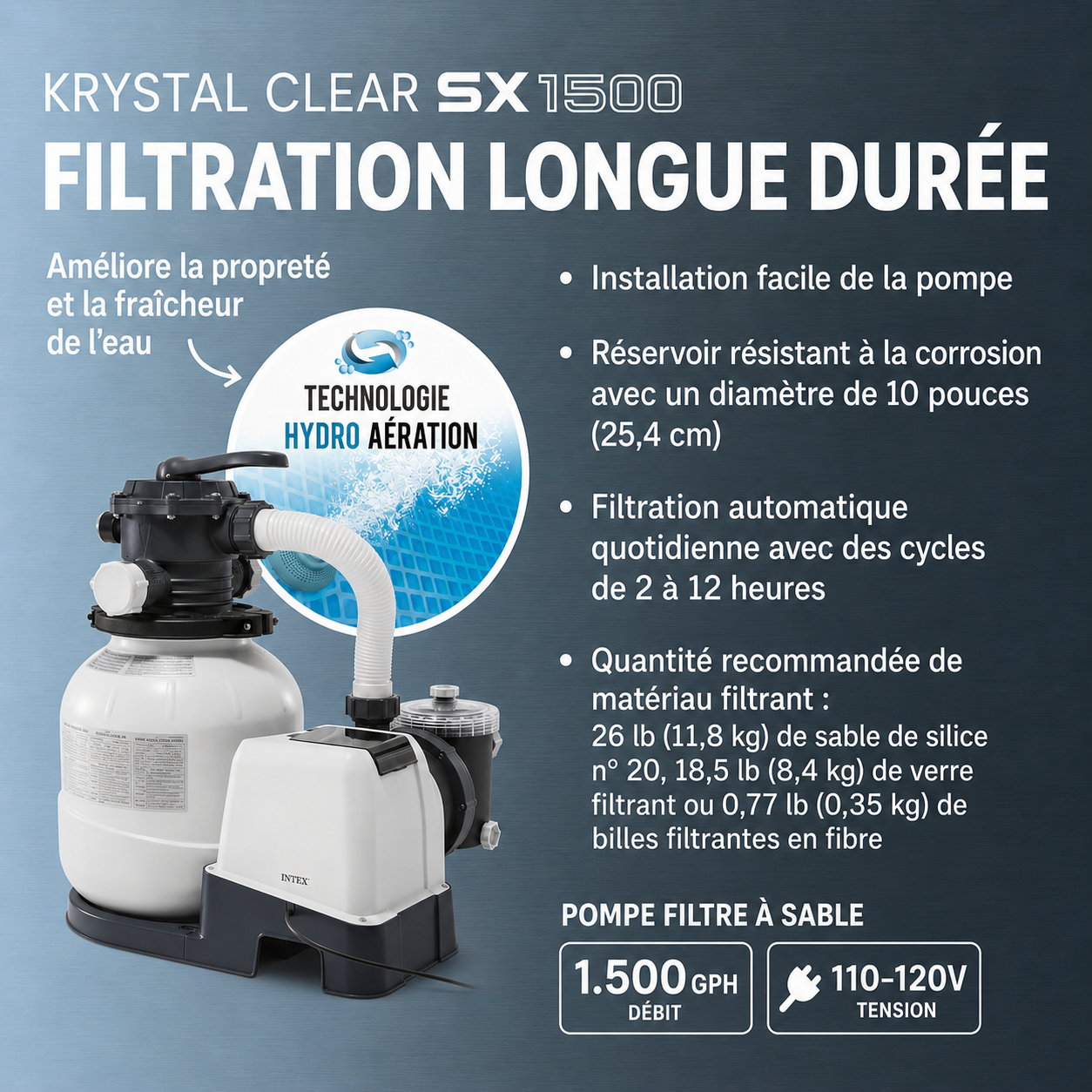 Ultra XTR 26325EH – Piscine hors-sol ronde 488 × 122 cm avec pompe de filtration à sable et 22,7 kg de sable filtrant premium OptiFlow.